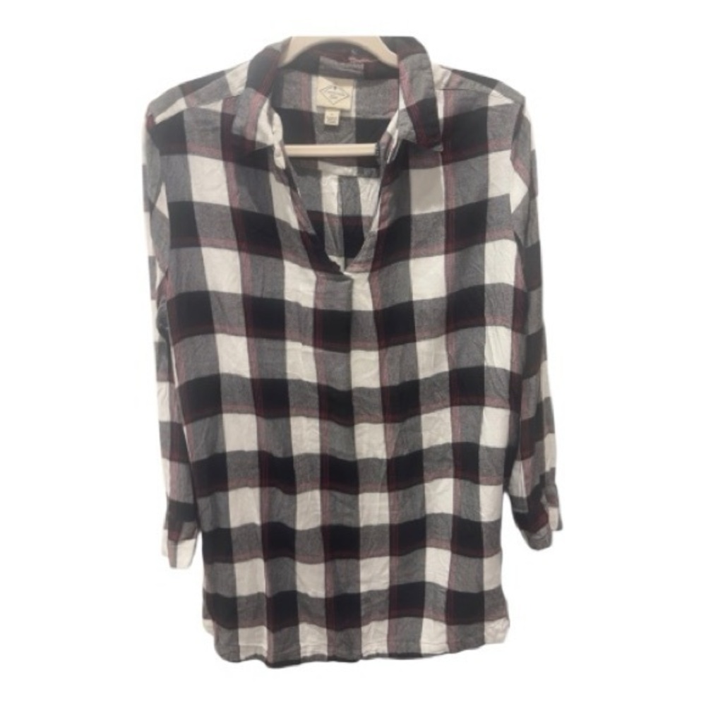 St Johns Bay Womens Plaid Popover Tunic‎ Top Black White Red Rayon Size Large